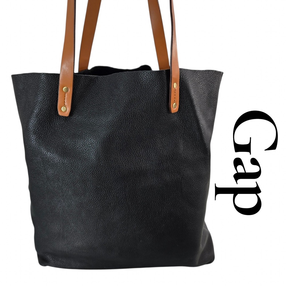 Gap Leather Tote Bag Womens OS Black Pebbled N/S Large Shoulder Shopper Work Bag
